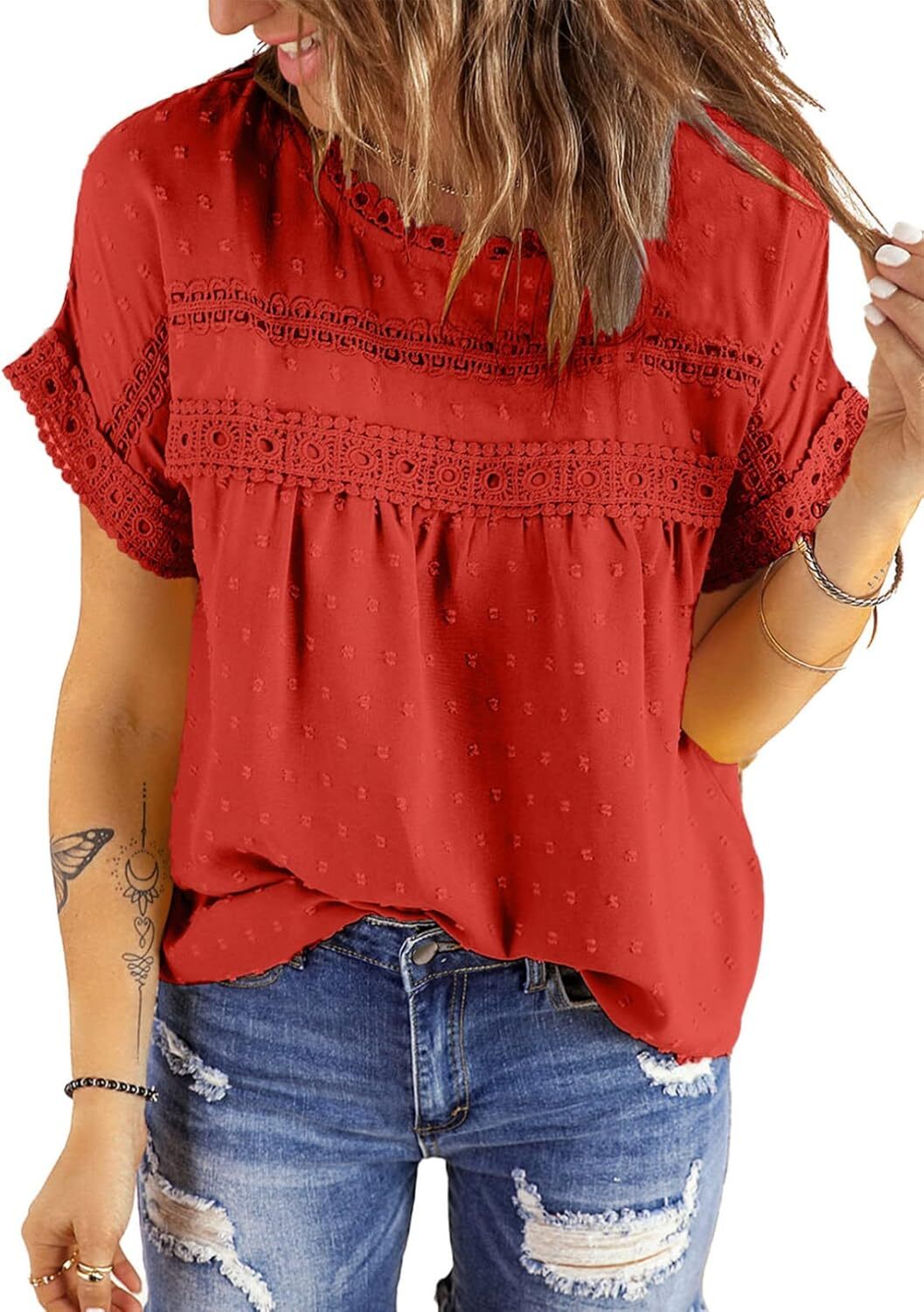 Dokotoo Womens Summer Tops Crewneck Lace Crochet Short Sleeve Shirts Casual Chiffon Blouses