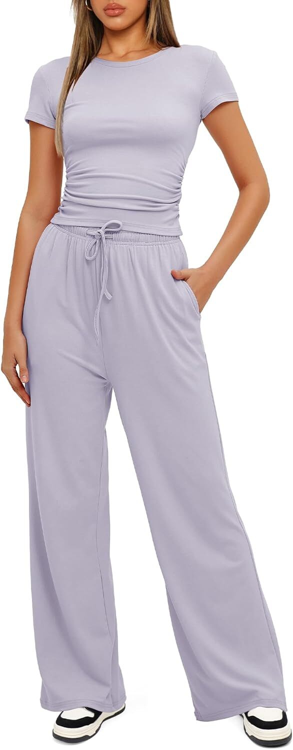 Darong Women's 2 Piece Outfits Lounge Sets Ruched Short Sleeve Tops and High Waisted Wide Leg Pants Tracksuit Sets