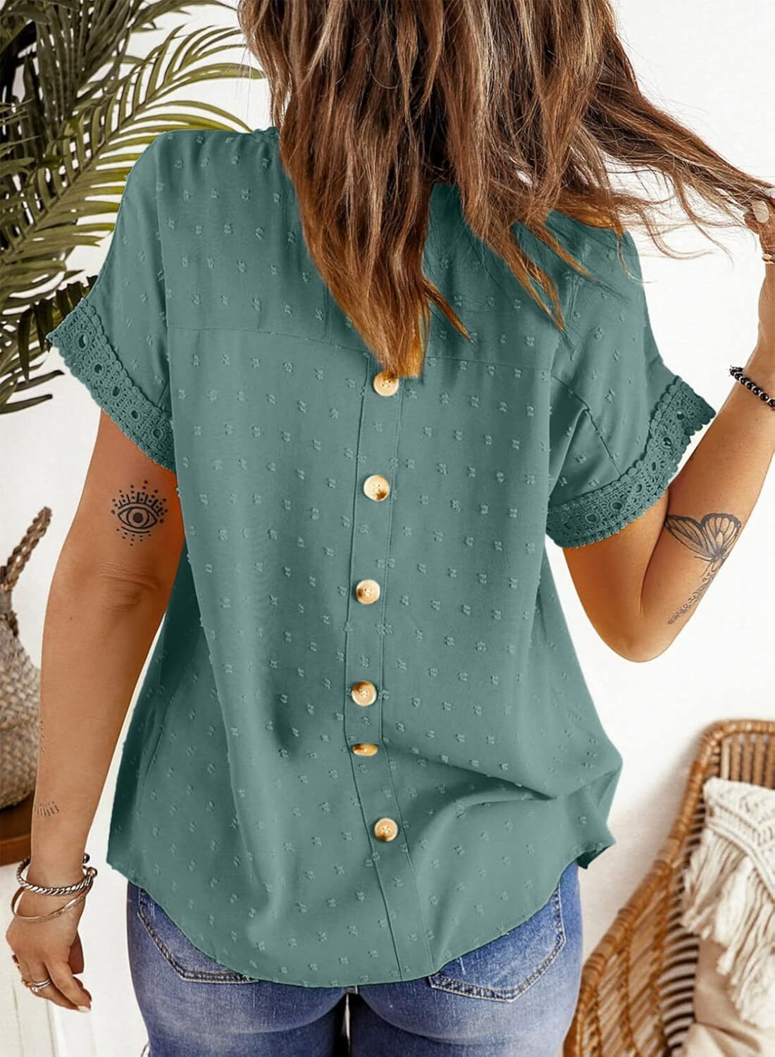 Dokotoo Womens Summer Tops Crewneck Lace Crochet Short Sleeve Shirts Casual Chiffon Blouses