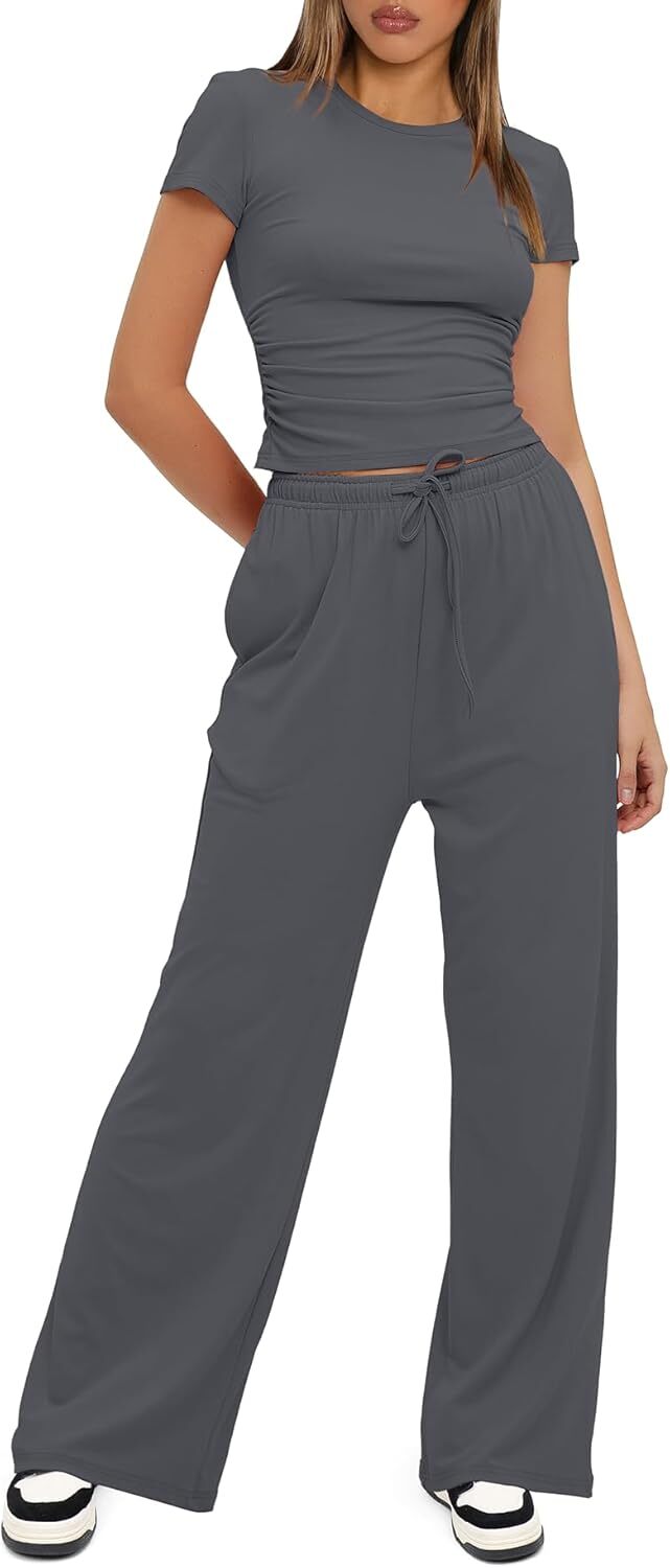 Darong Women's 2 Piece Outfits Lounge Sets Ruched Short Sleeve Tops and High Waisted Wide Leg Pants Tracksuit Sets