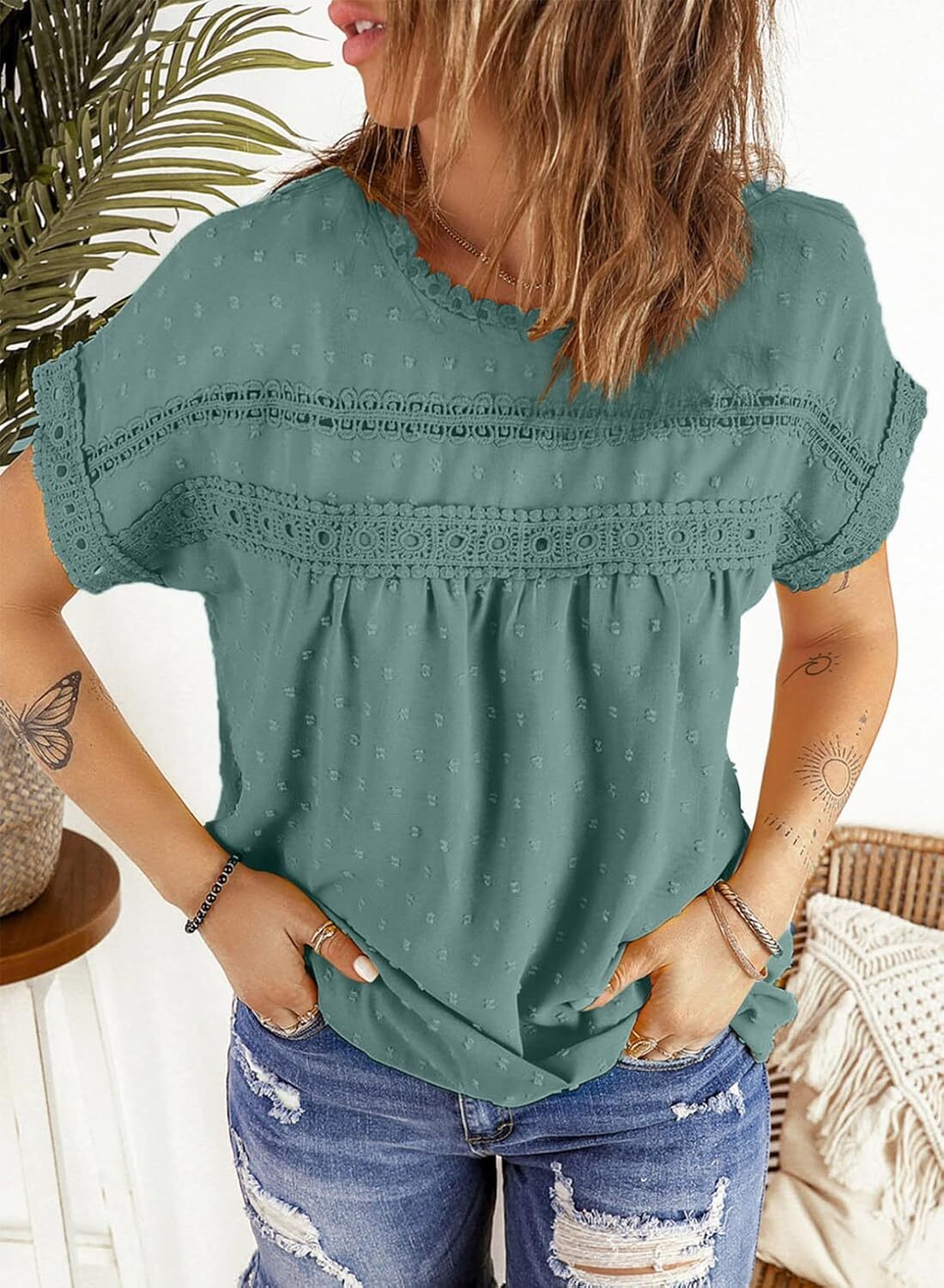 Dokotoo Womens Summer Tops Crewneck Lace Crochet Short Sleeve Shirts Casual Chiffon Blouses