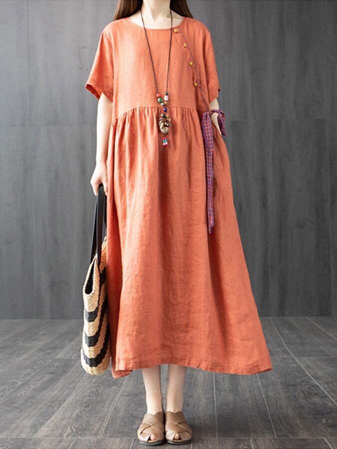 Solid Loose Lace Up Panel Pocket Dress