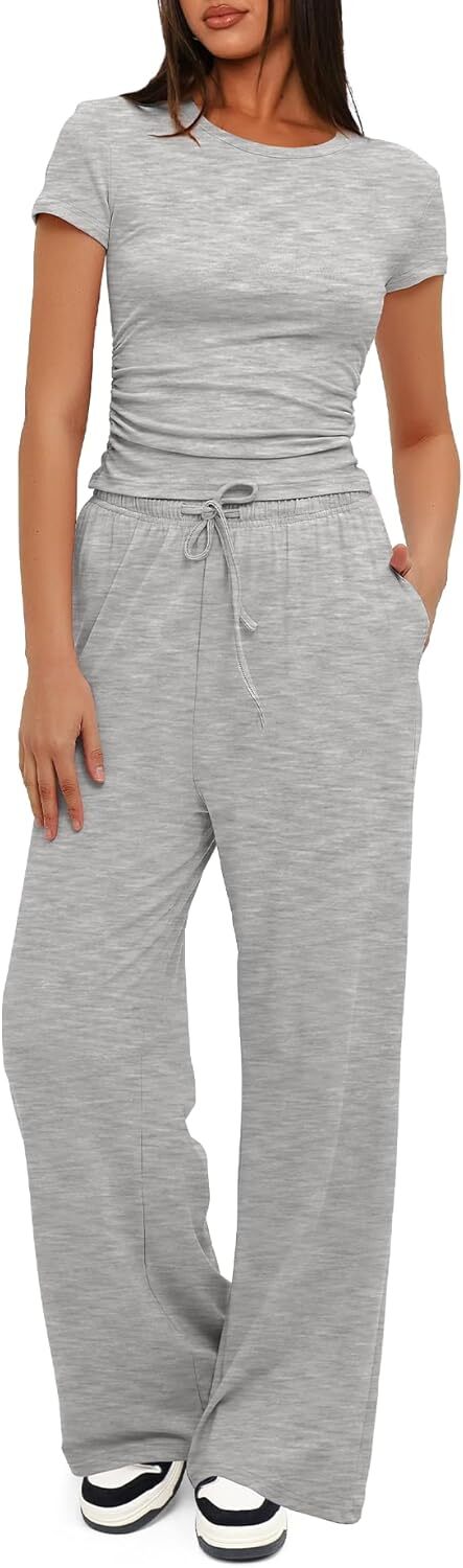 Darong Women's 2 Piece Outfits Lounge Sets Ruched Short Sleeve Tops and High Waisted Wide Leg Pants Tracksuit Sets