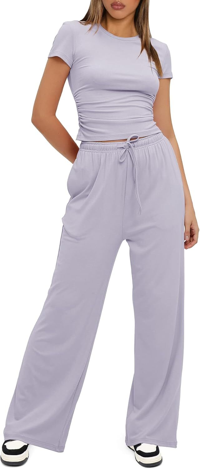 Darong Women's 2 Piece Outfits Lounge Sets Ruched Short Sleeve Tops and High Waisted Wide Leg Pants Tracksuit Sets