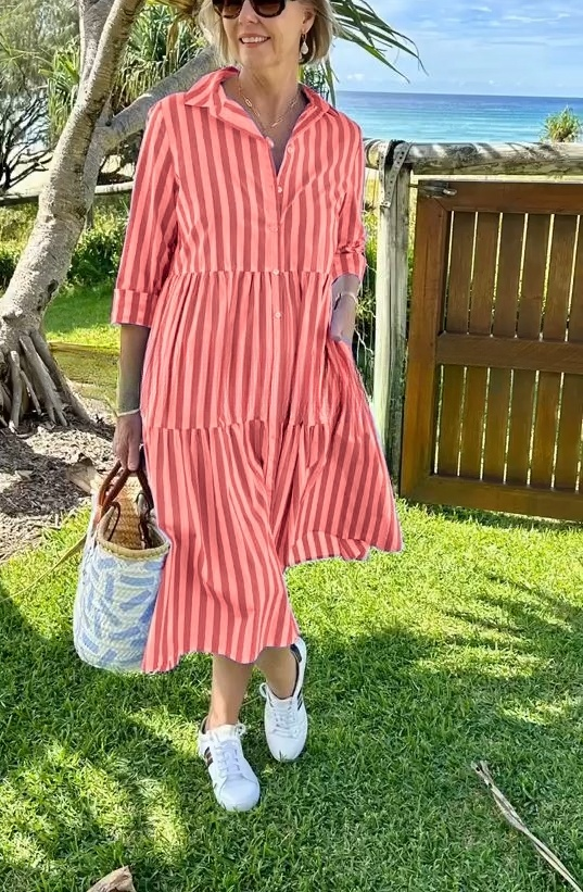 Shirt Collar Striped Print Dress