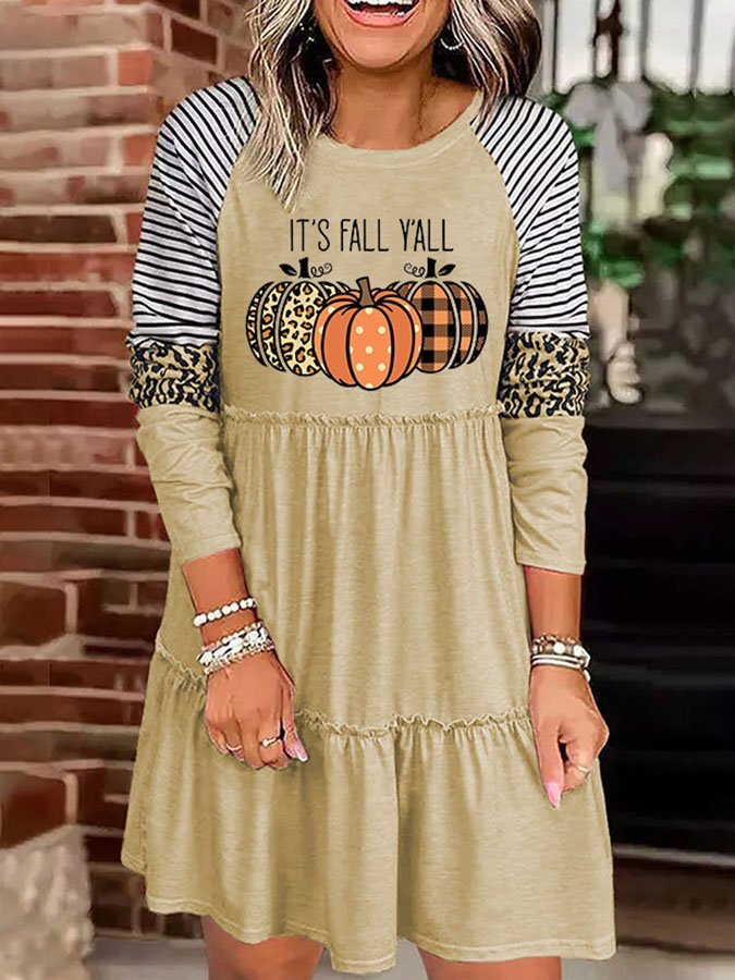 Casual Pumpkin Print Long Sleeve Dress
