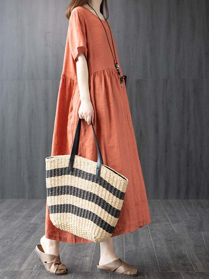 Solid Loose Lace Up Panel Pocket Dress