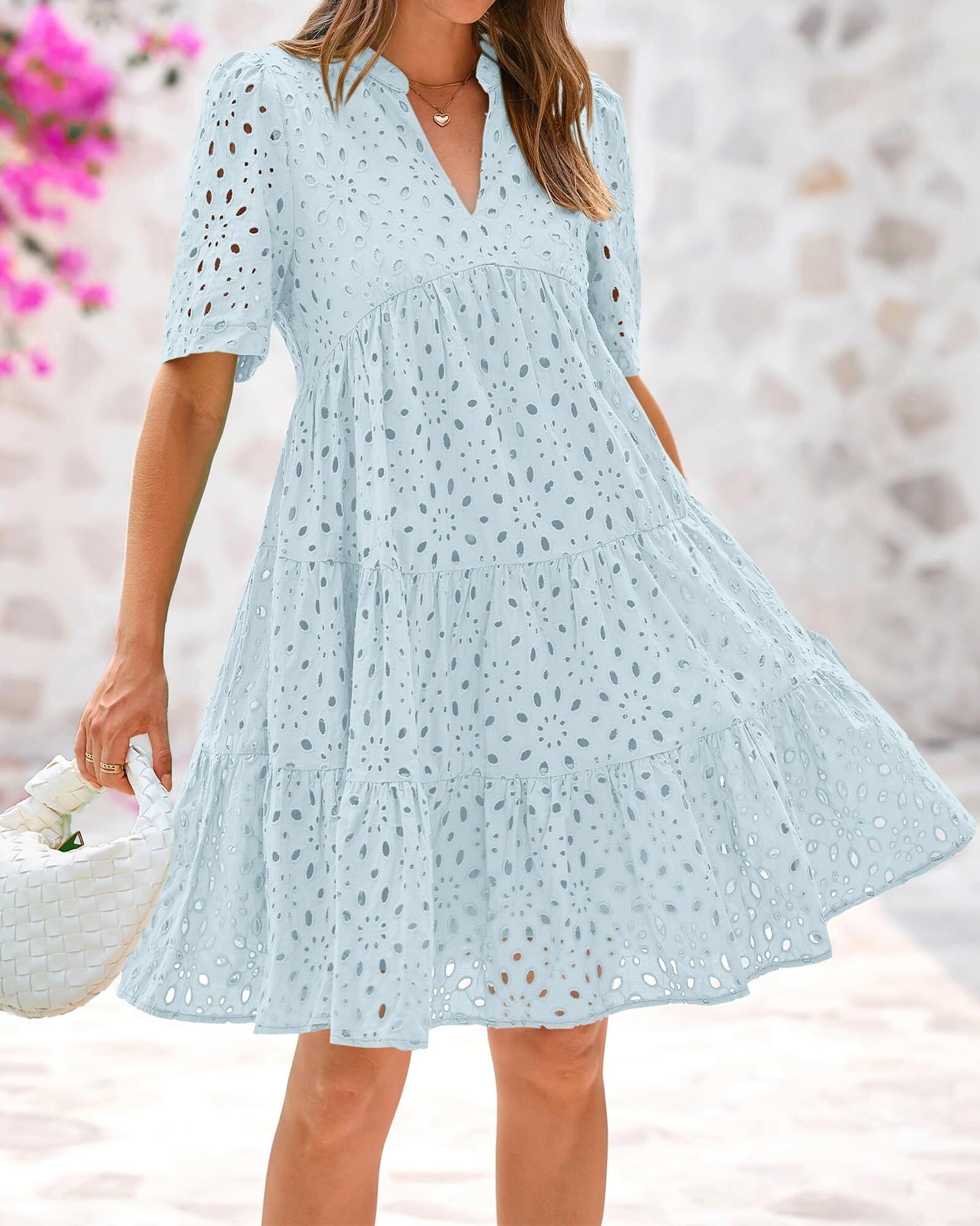 2025 New Women's V Neck Short Sleeve Hollow Out Lace Ruffle Summer Dresses