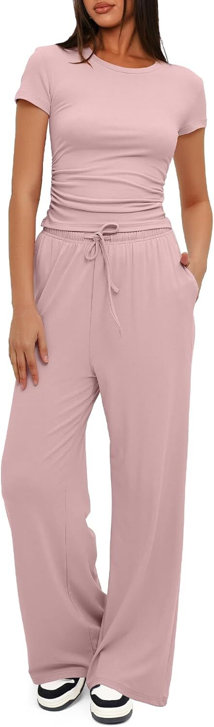 Darong Women's 2 Piece Outfits Lounge Sets Ruched Short Sleeve Tops and High Waisted Wide Leg Pants Tracksuit Sets