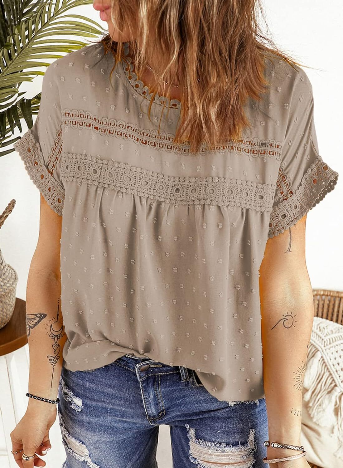 Dokotoo Womens Summer Tops Crewneck Lace Crochet Short Sleeve Shirts Casual Chiffon Blouses