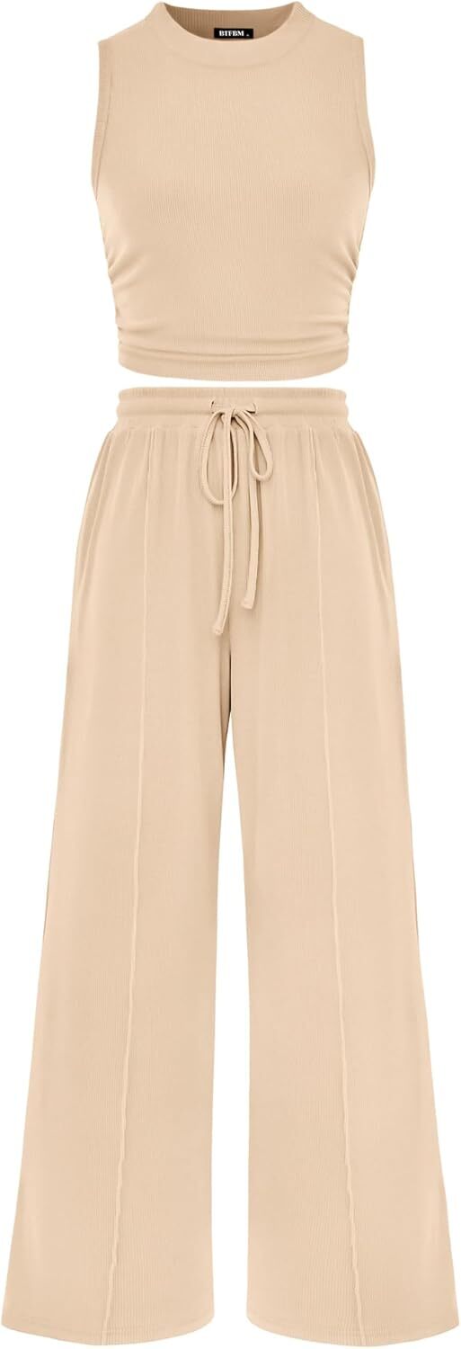 Women's Summer Beach Round Neck Sleeveless Cropped Top Elastic Waist Wide Leg Pants Lounge Set