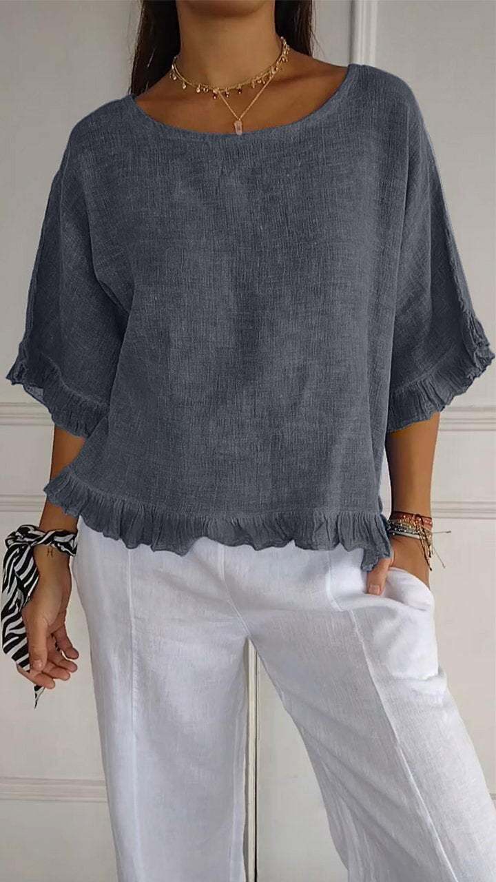 New women's Round Neck Ruffled Hem Mid-sleeve Cotton and Linen Tops