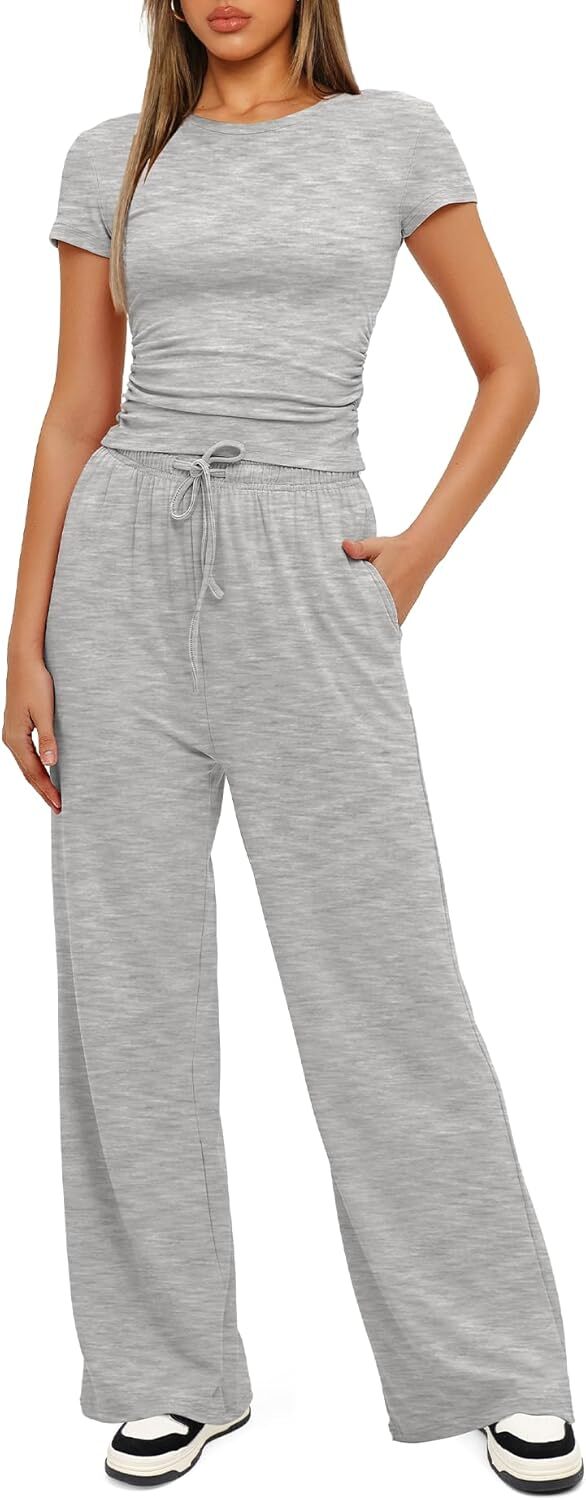 Darong Women's 2 Piece Outfits Lounge Sets Ruched Short Sleeve Tops and High Waisted Wide Leg Pants Tracksuit Sets