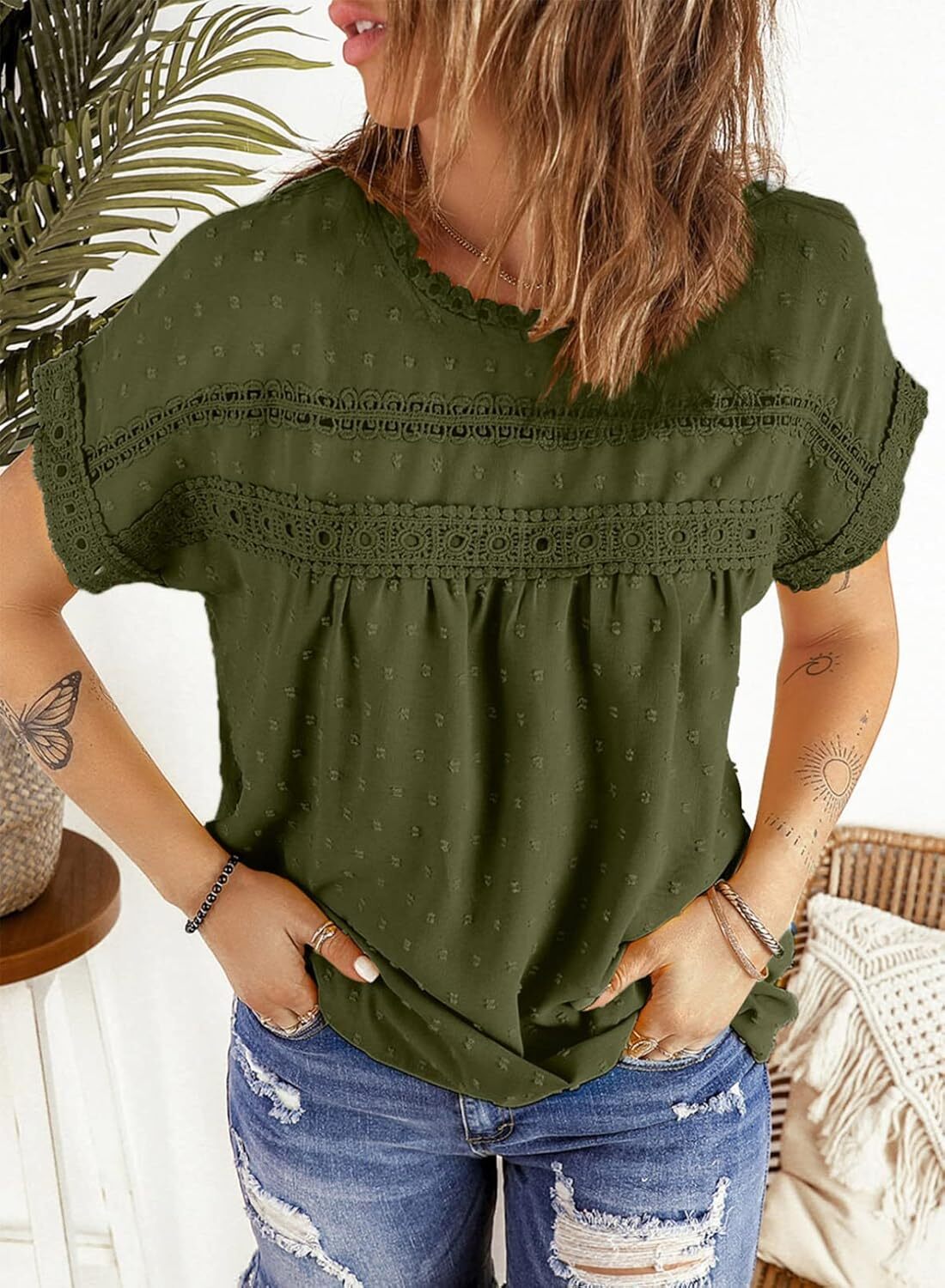 Dokotoo Womens Summer Tops Crewneck Lace Crochet Short Sleeve Shirts Casual Chiffon Blouses