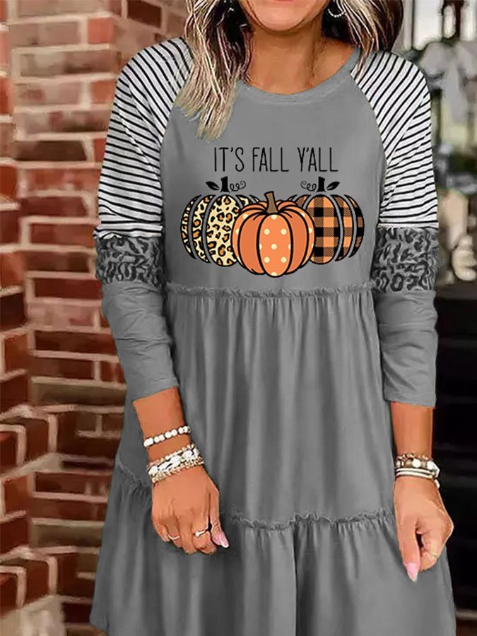 Casual Pumpkin Print Long Sleeve Dress