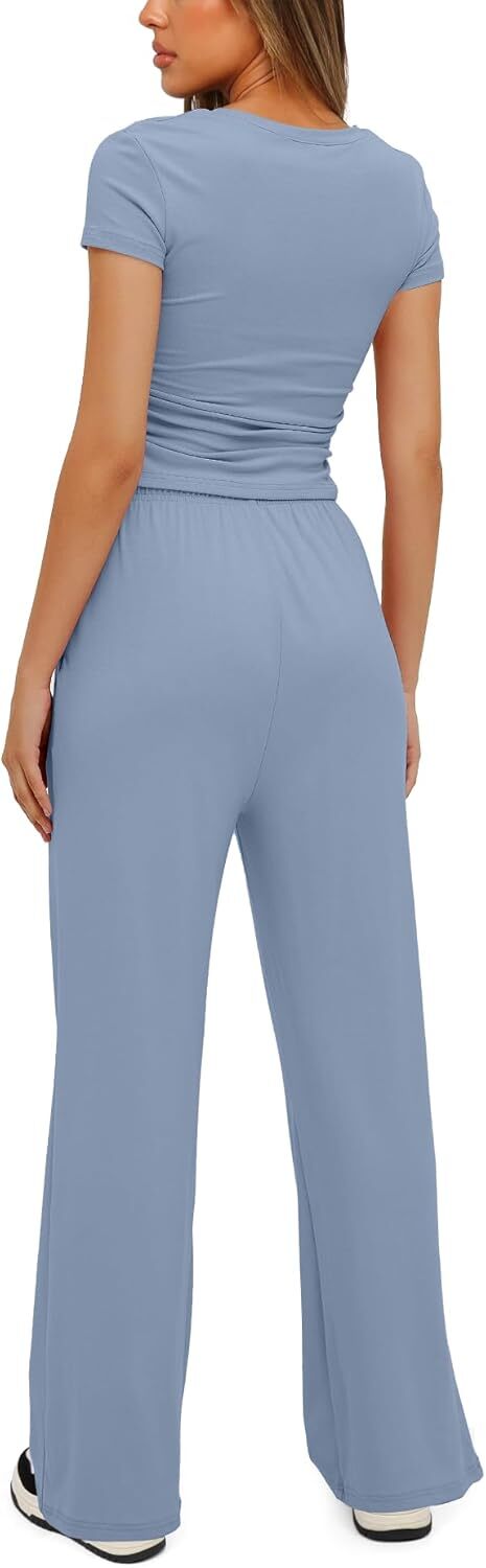 Darong Women's 2 Piece Outfits Lounge Sets Ruched Short Sleeve Tops and High Waisted Wide Leg Pants Tracksuit Sets