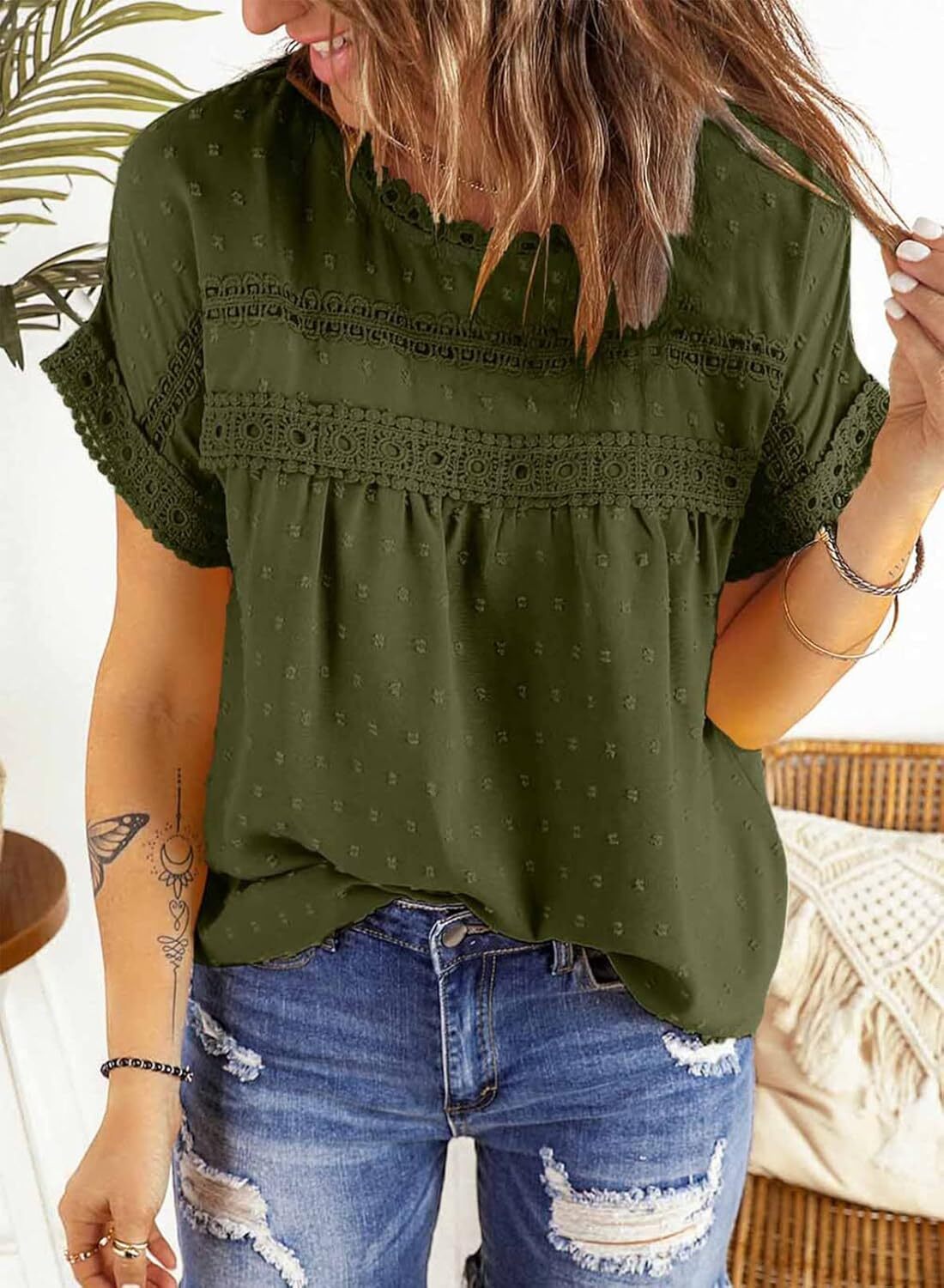 Dokotoo Womens Summer Tops Crewneck Lace Crochet Short Sleeve Shirts Casual Chiffon Blouses