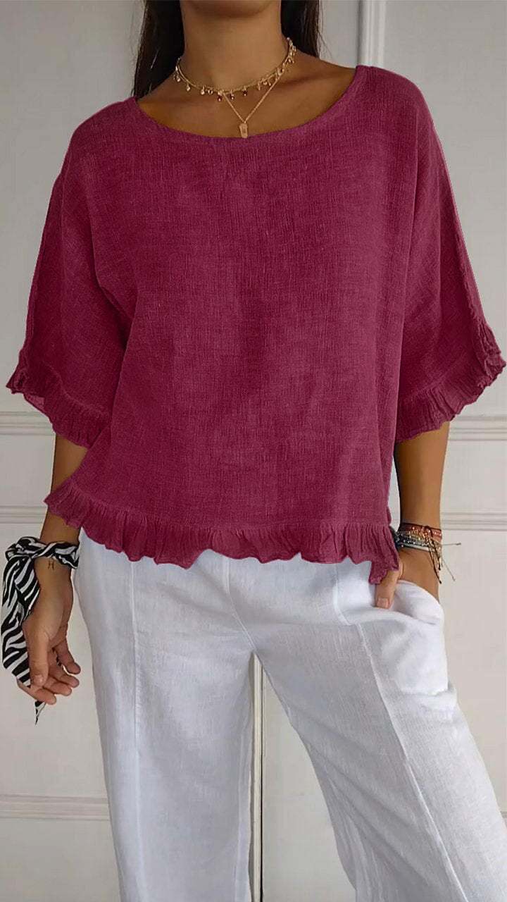 New women's Round Neck Ruffled Hem Mid-sleeve Cotton and Linen Tops