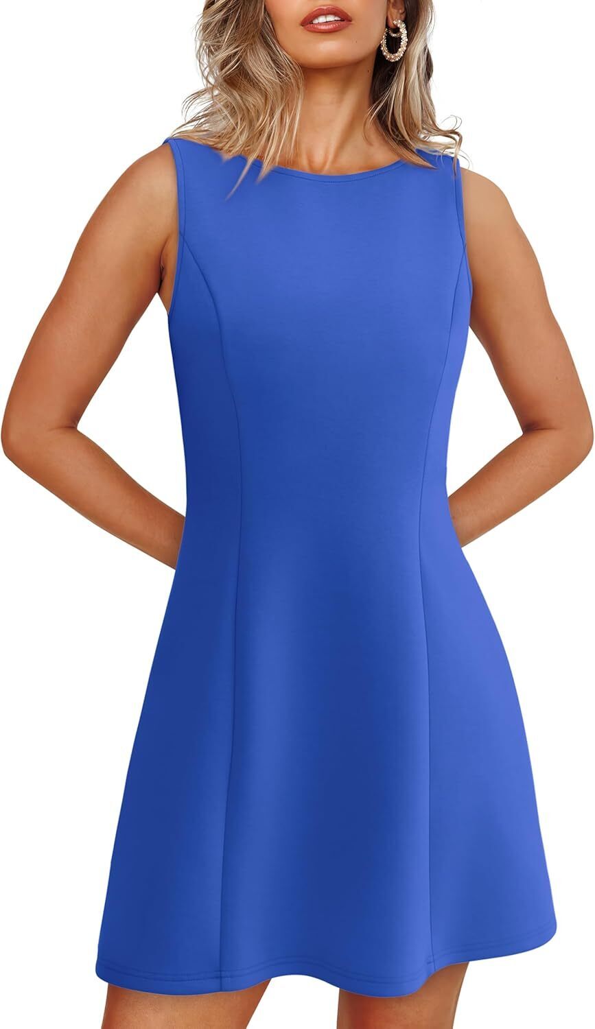 🌸Women's Summer A-Line Sleeveless Boat Neck Mini Dress Club Party Little Short Dresses