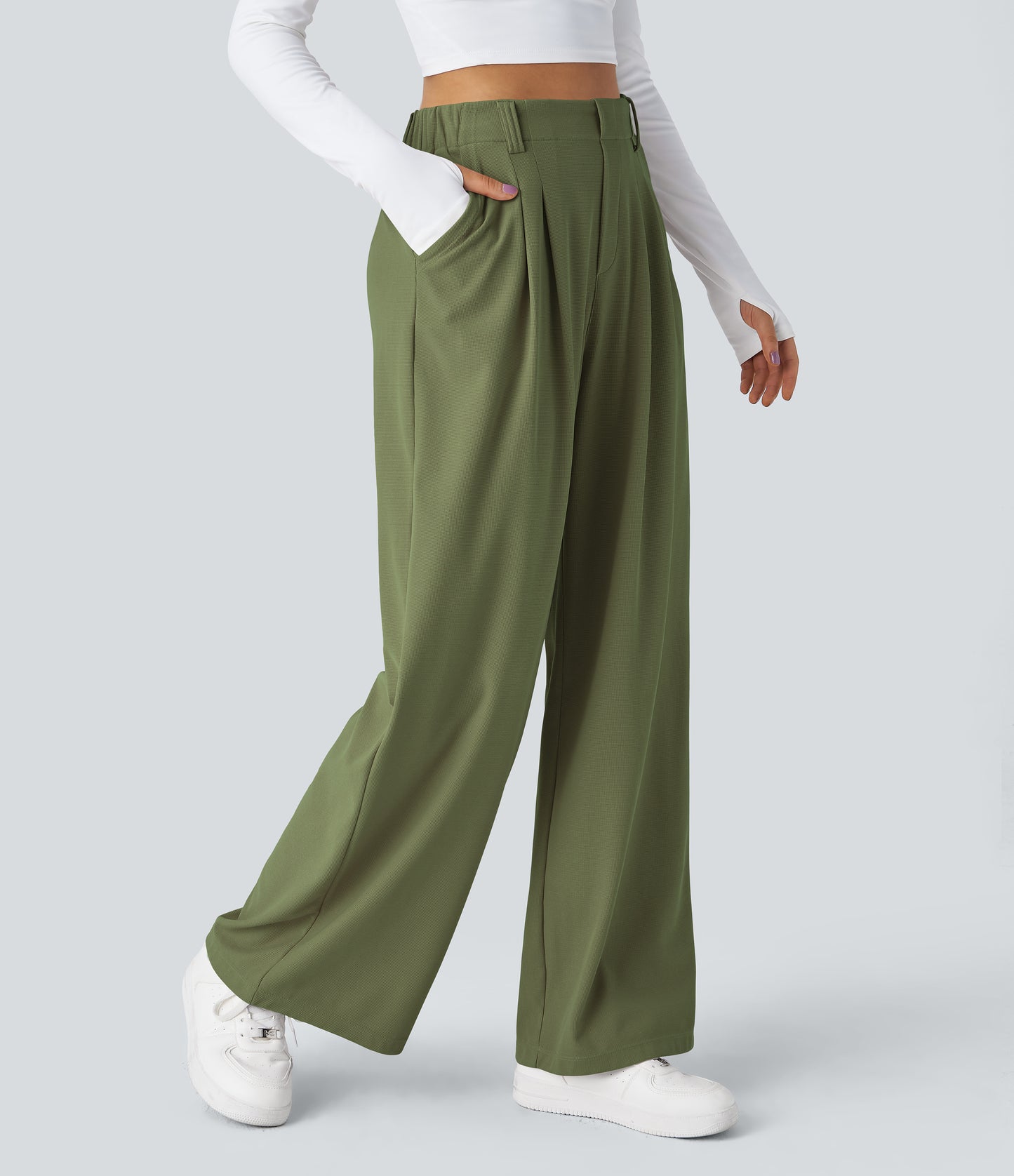 🎅Early Christmas Sale🎄Women’s High Waisted Side Pocket Wide Leg Waffle Work Pants