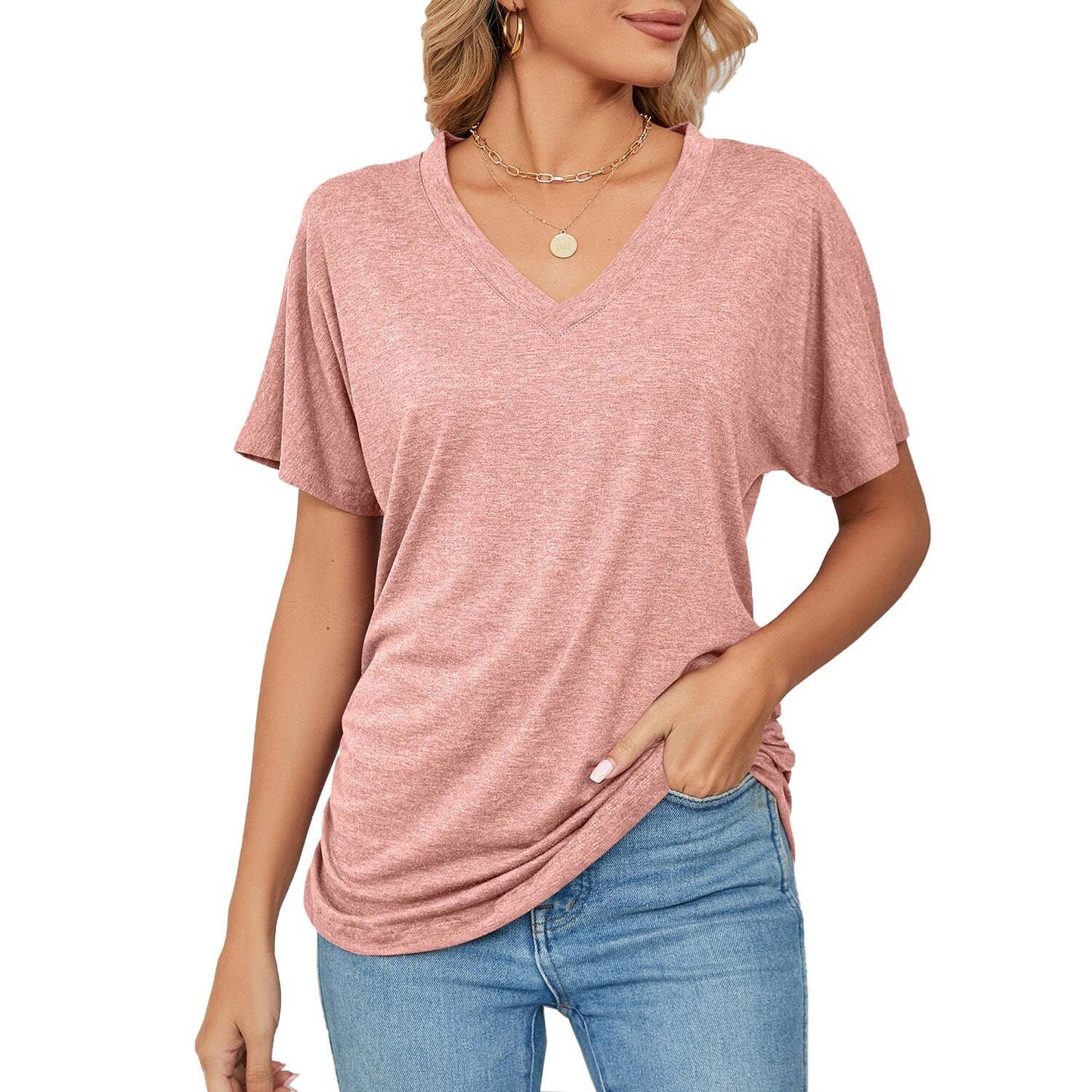 New Women's Solid Color V Neck Casual Tops