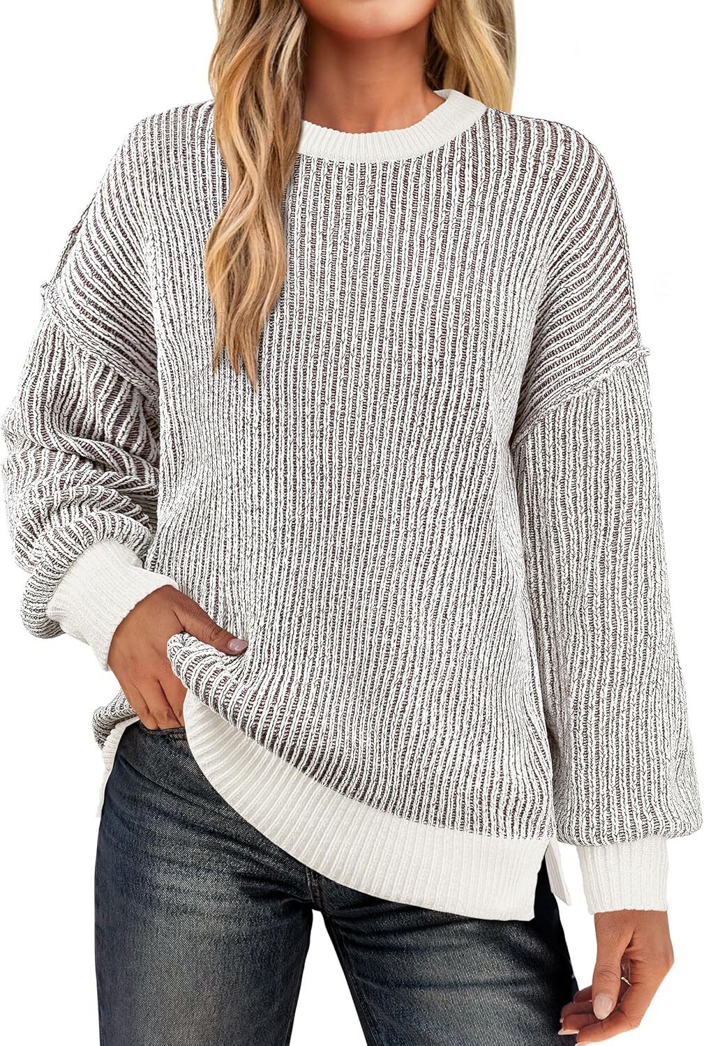 Womens Sweaters Crewneck Long Sleeve Color Block Pullover Loose Ribbed Knit Sweater Tops 2024 Fall Trendy Outfits