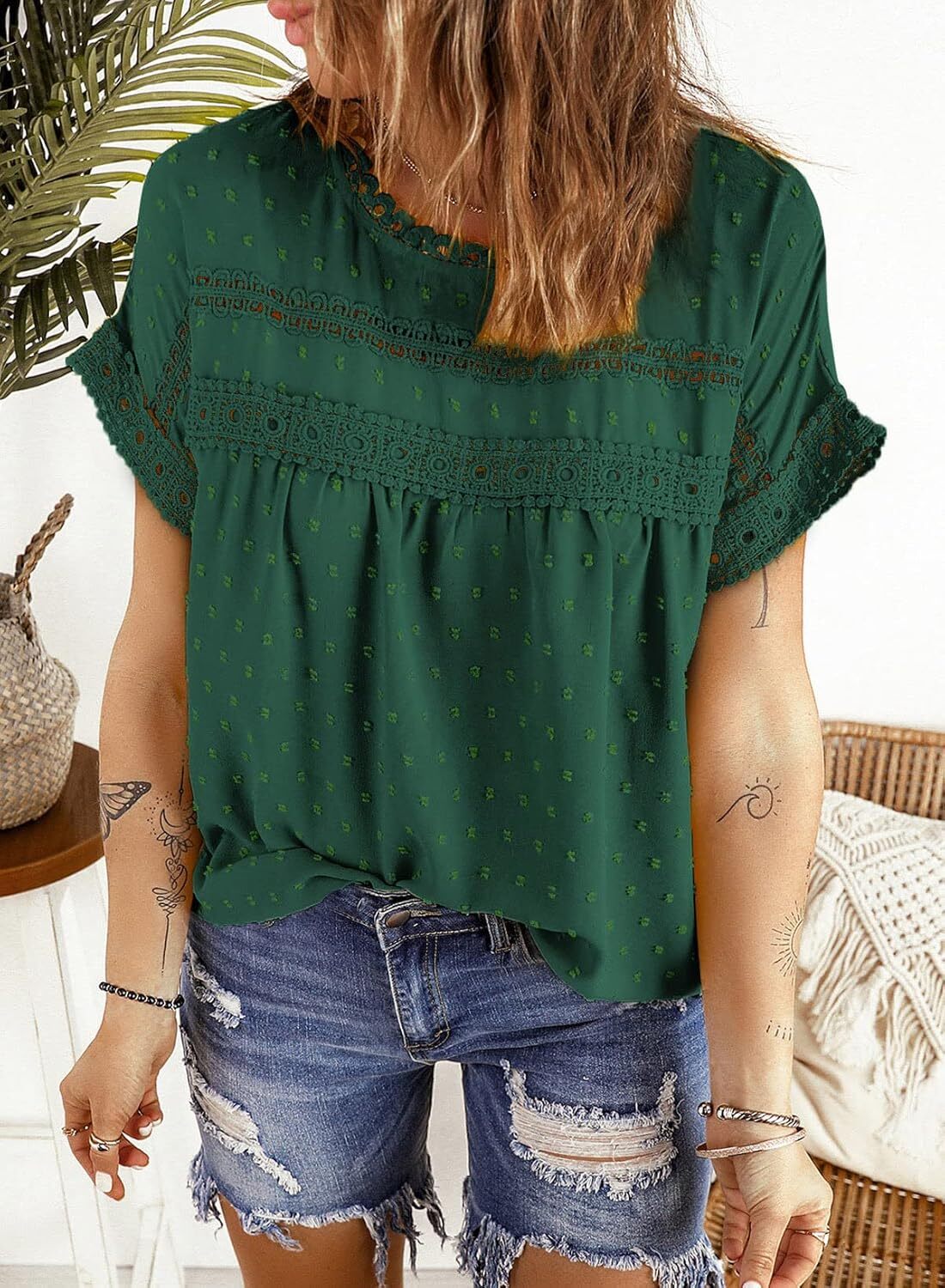 Dokotoo Womens Summer Tops Crewneck Lace Crochet Short Sleeve Shirts Casual Chiffon Blouses