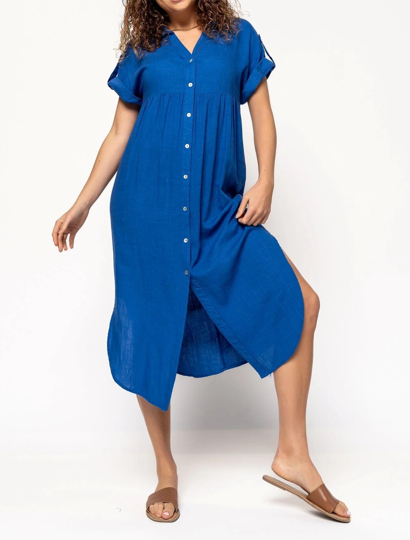 Women's Button Long Pocket Dress Slit Hem