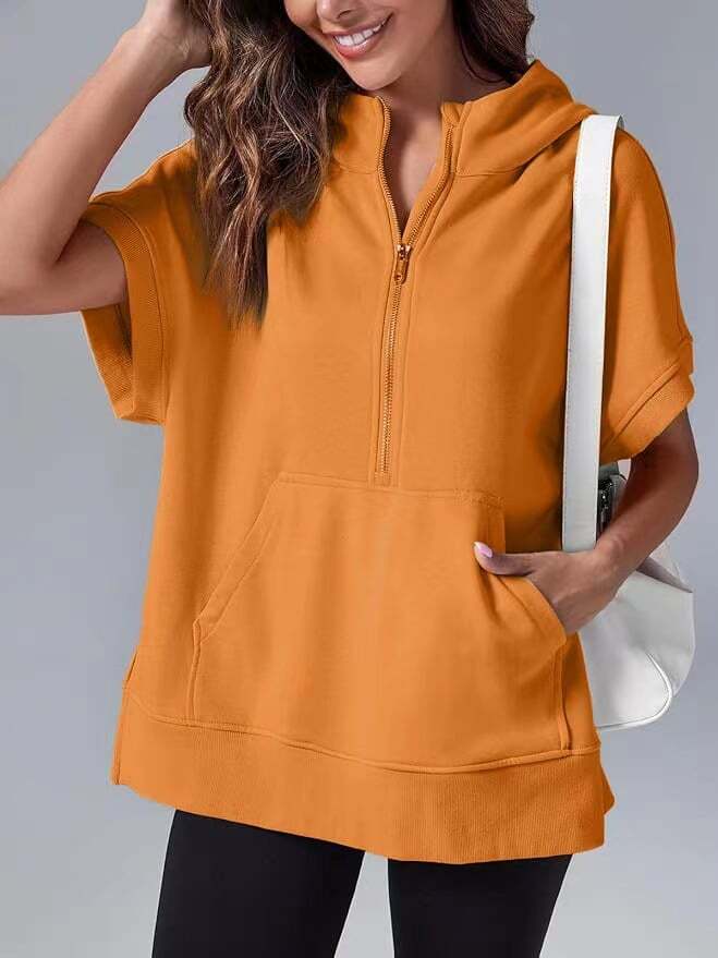 Oversized Casual Half Zip Short Sleeve Pullover Tops with Pockets(Buy 2 Free Shipping)