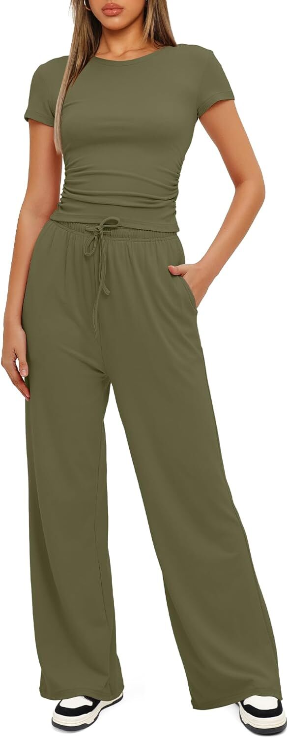 Darong Women's 2 Piece Outfits Lounge Sets Ruched Short Sleeve Tops and High Waisted Wide Leg Pants Tracksuit Sets