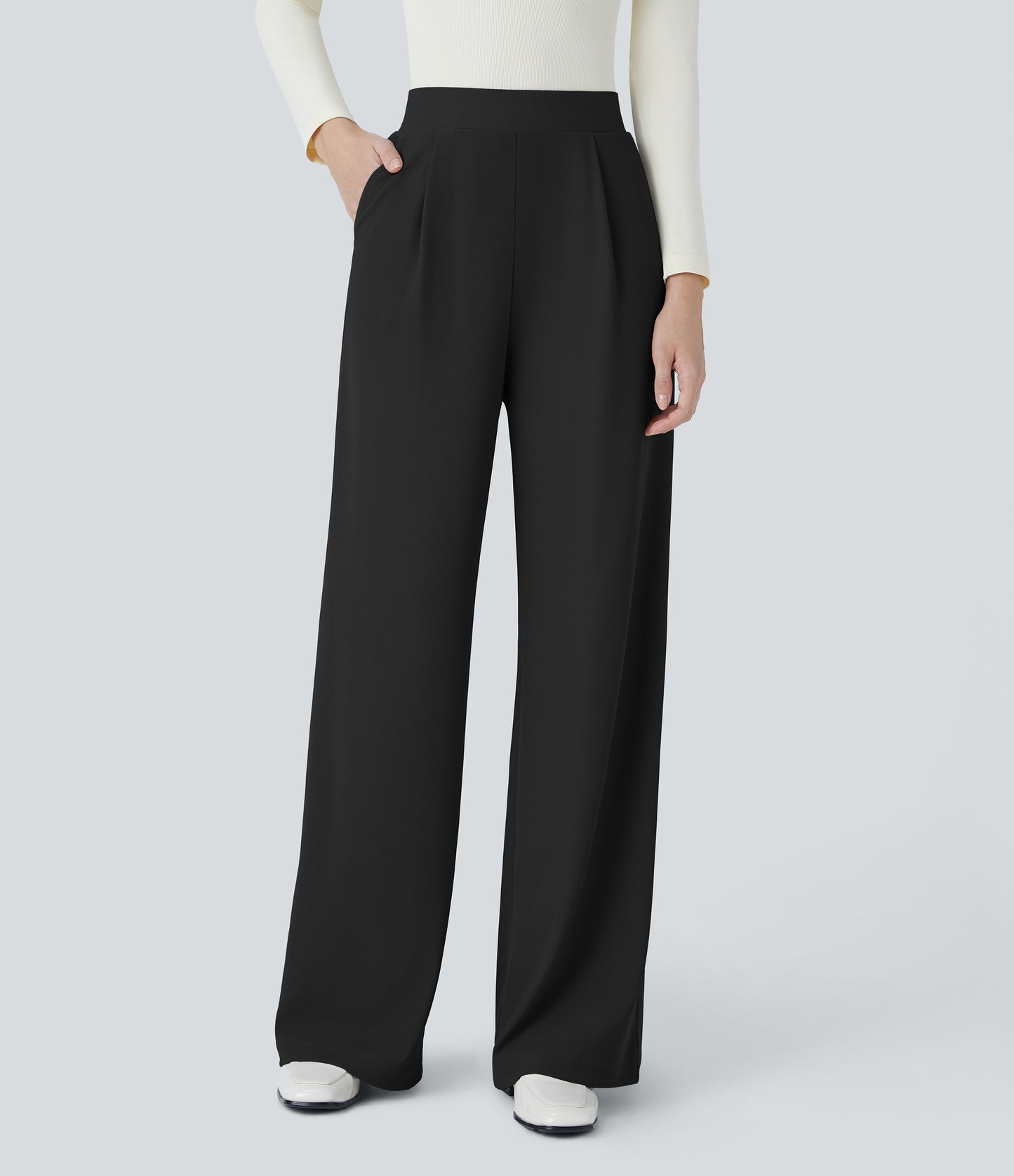 🎅Early Christmas Sale🎄High Waisted Body Sculpt Waist-Slimming Pocket Wide Leg Micro Waffle Work Pants