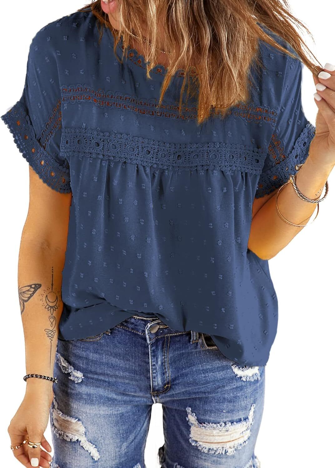 Dokotoo Womens Summer Tops Crewneck Lace Crochet Short Sleeve Shirts Casual Chiffon Blouses