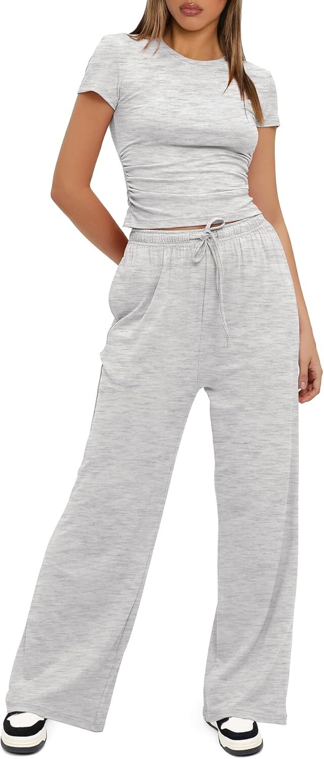 Darong Women's 2 Piece Outfits Lounge Sets Ruched Short Sleeve Tops and High Waisted Wide Leg Pants Tracksuit Sets