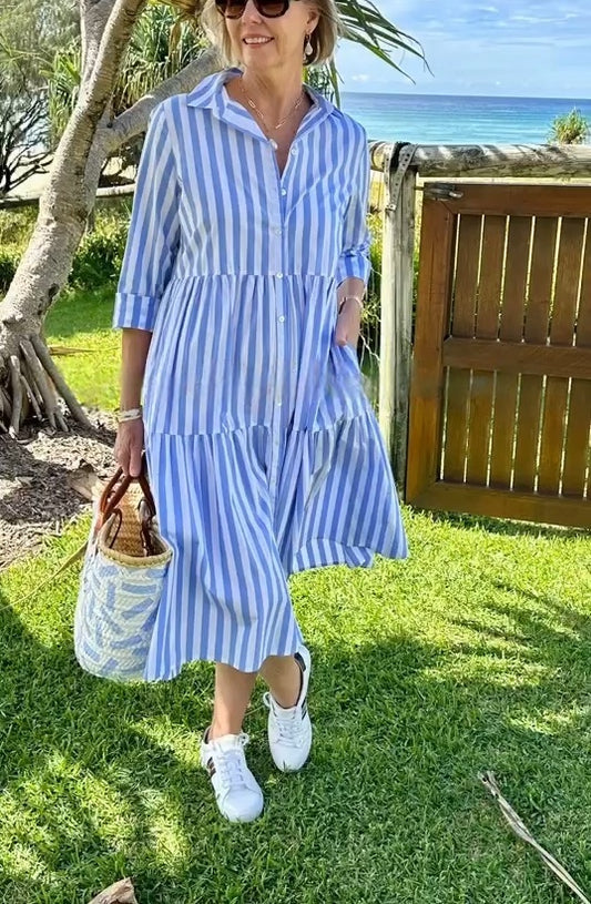 Shirt Collar Striped Print Dress