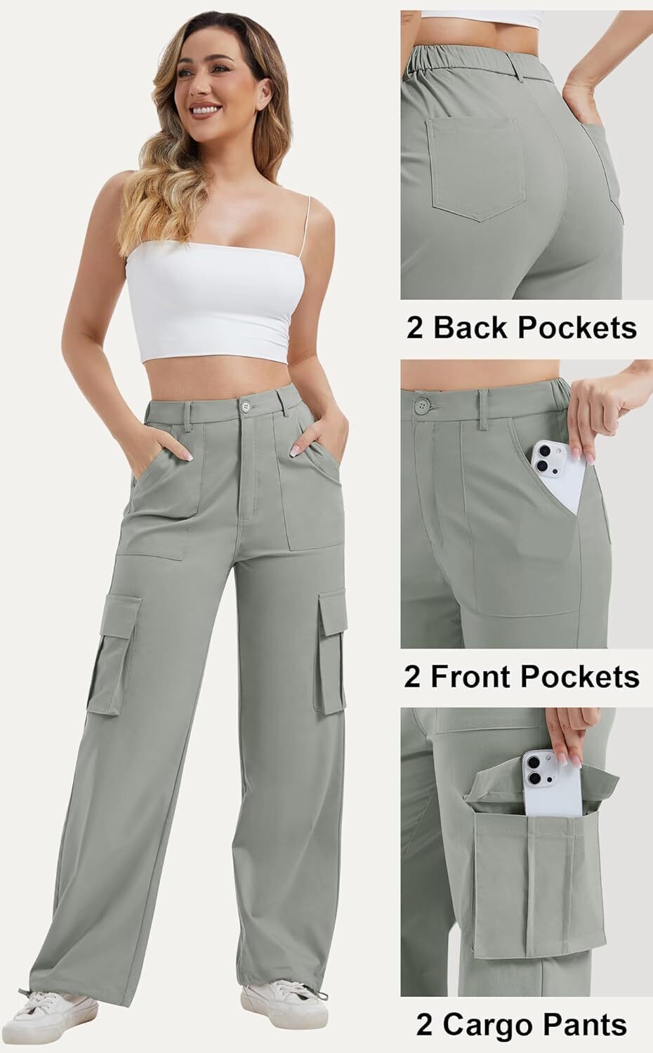 Women High Waisted Satin Cargo Pants Wide Leg Casual Pants multipocket model