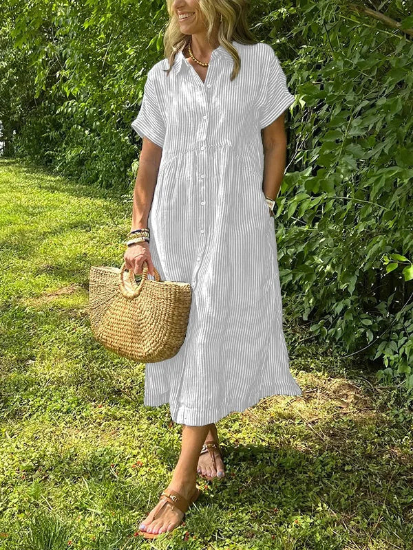 Summer Striped Lapel Button Down Shirt Dress