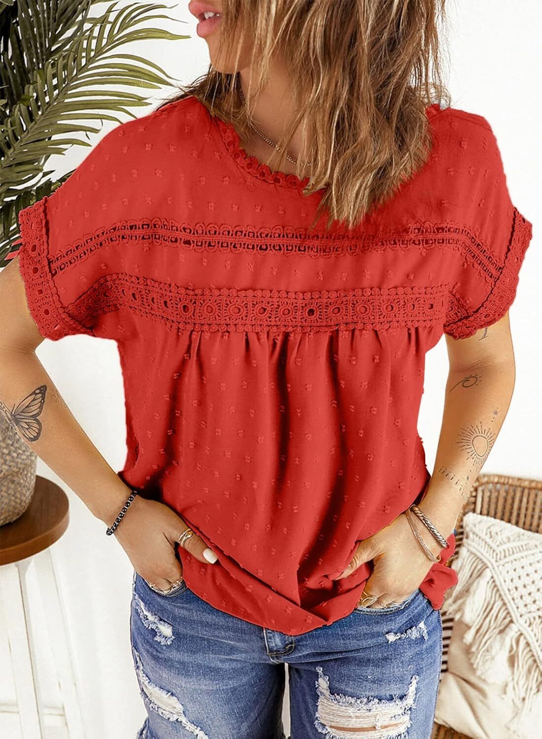 Dokotoo Womens Summer Tops Crewneck Lace Crochet Short Sleeve Shirts Casual Chiffon Blouses