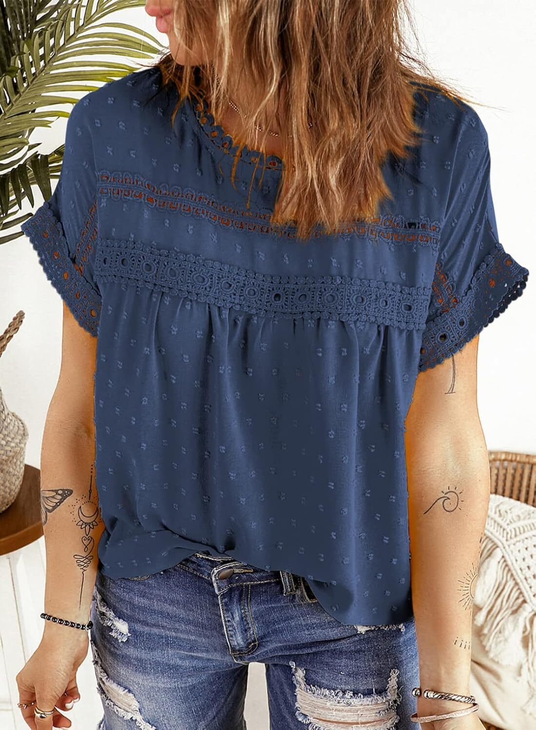 Dokotoo Womens Summer Tops Crewneck Lace Crochet Short Sleeve Shirts Casual Chiffon Blouses