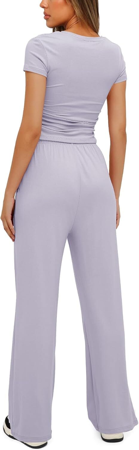 Darong Women's 2 Piece Outfits Lounge Sets Ruched Short Sleeve Tops and High Waisted Wide Leg Pants Tracksuit Sets