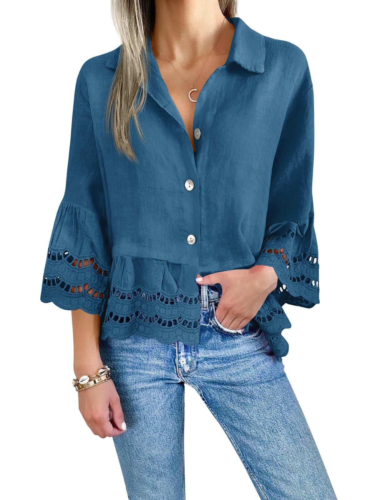 🔥Women's Hollow Out Ruffle Hem Blouse Tops