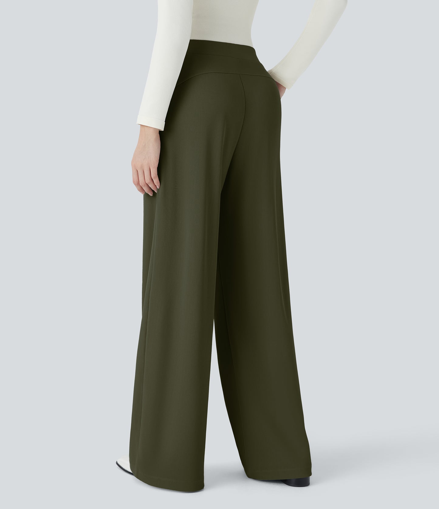 🎅Early Christmas Sale🎄High Waisted Body Sculpt Waist-Slimming Pocket Wide Leg Micro Waffle Work Pants