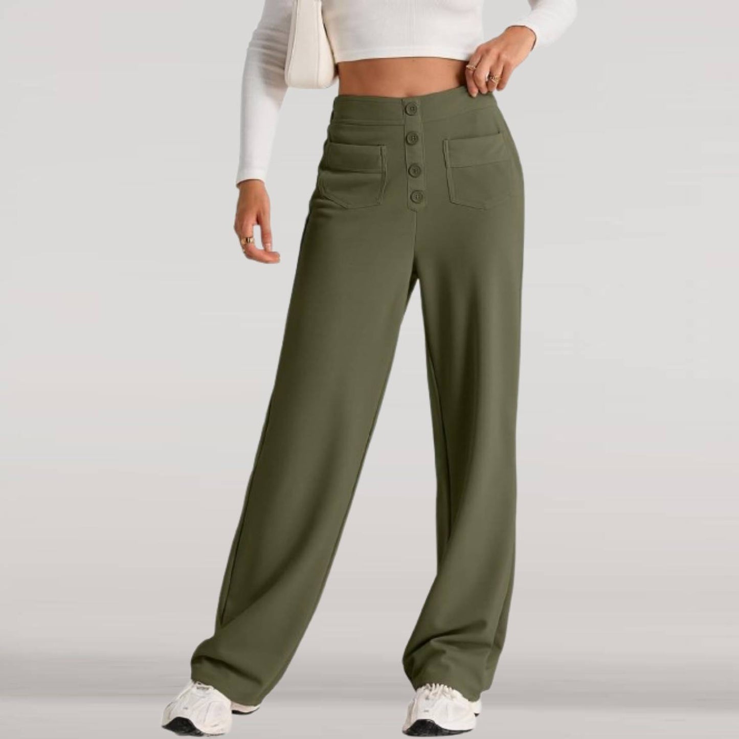 ⏰Womens High Waist Button Stretchy Work Pants Straight Leg Office Dress Pant Business Casual Trousers with Pocket