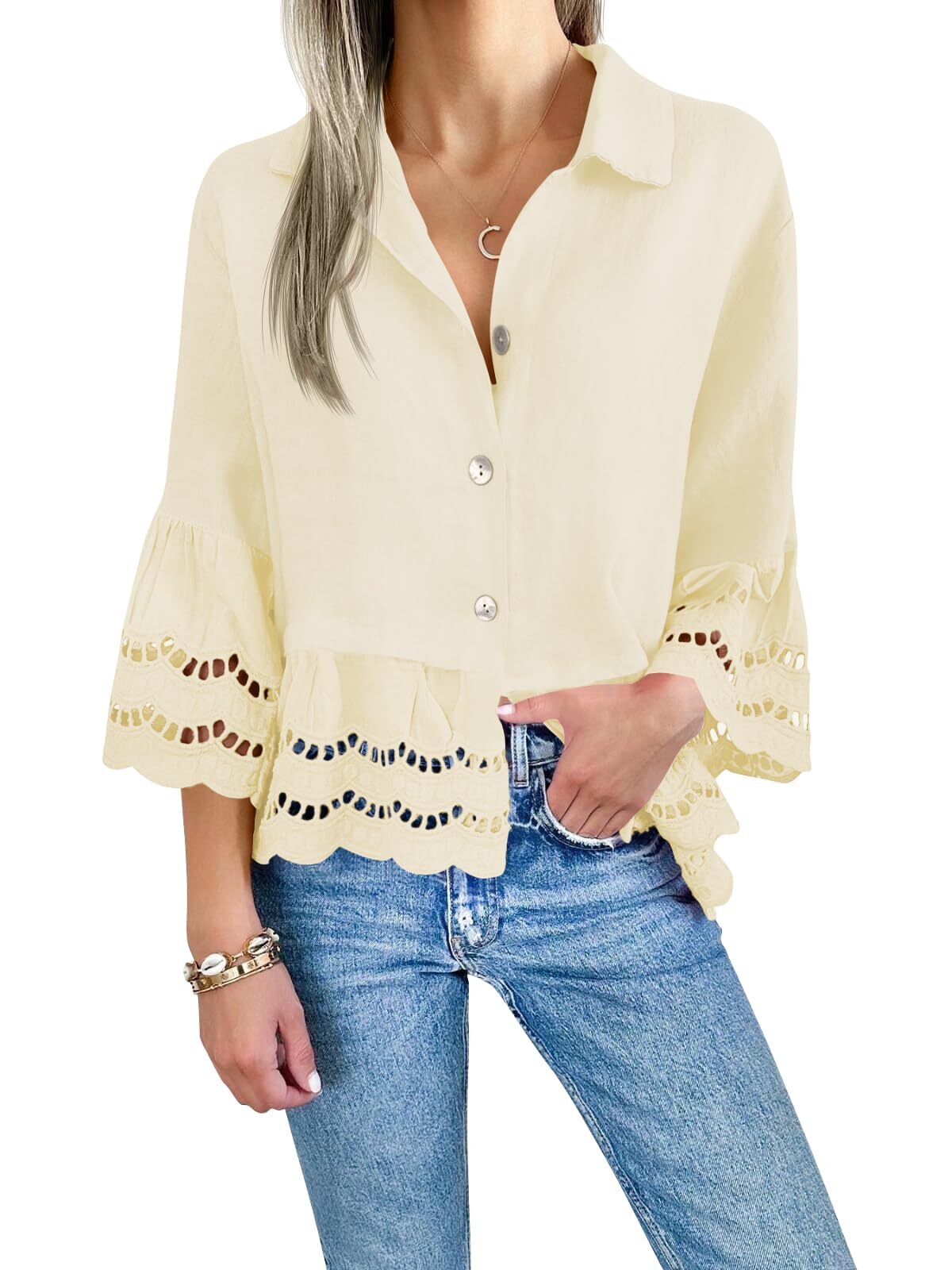 🔥Women's Hollow Out Ruffle Hem Blouse Tops