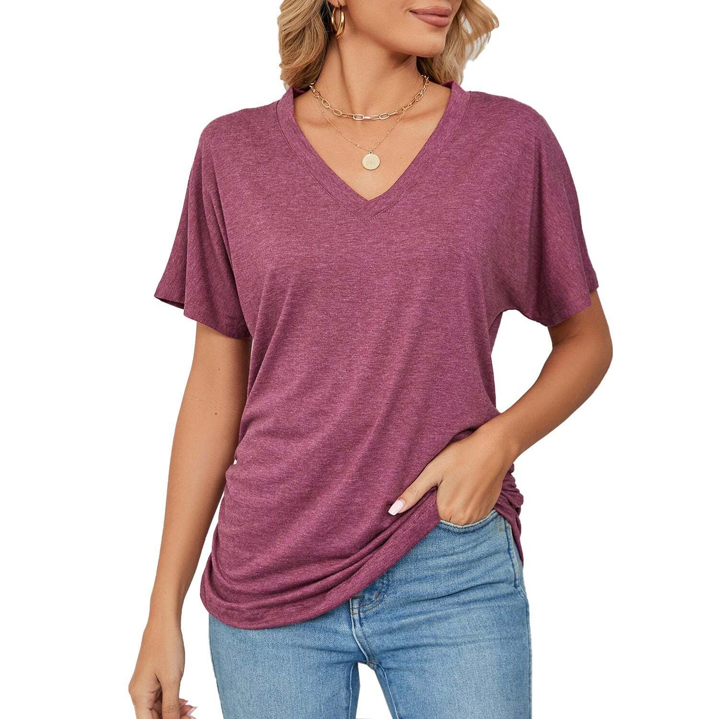 New Women's Solid Color V Neck Casual Tops