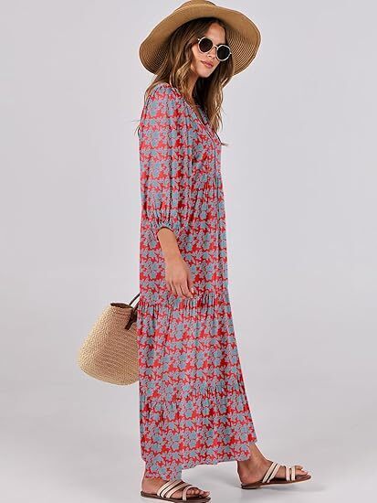 summer V Neck Puff Sleeve Floral Flowy Swing Casual Long Dress
