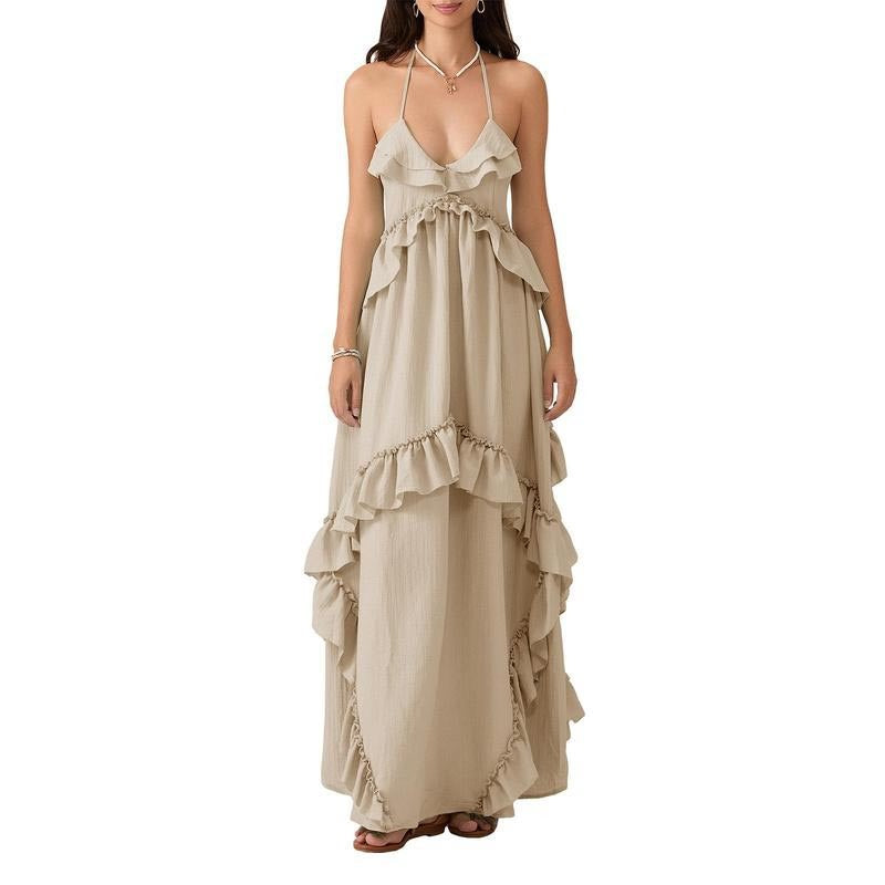 Women Sleeveless Halter Dress Backless Ruffled Summer Swing Dress