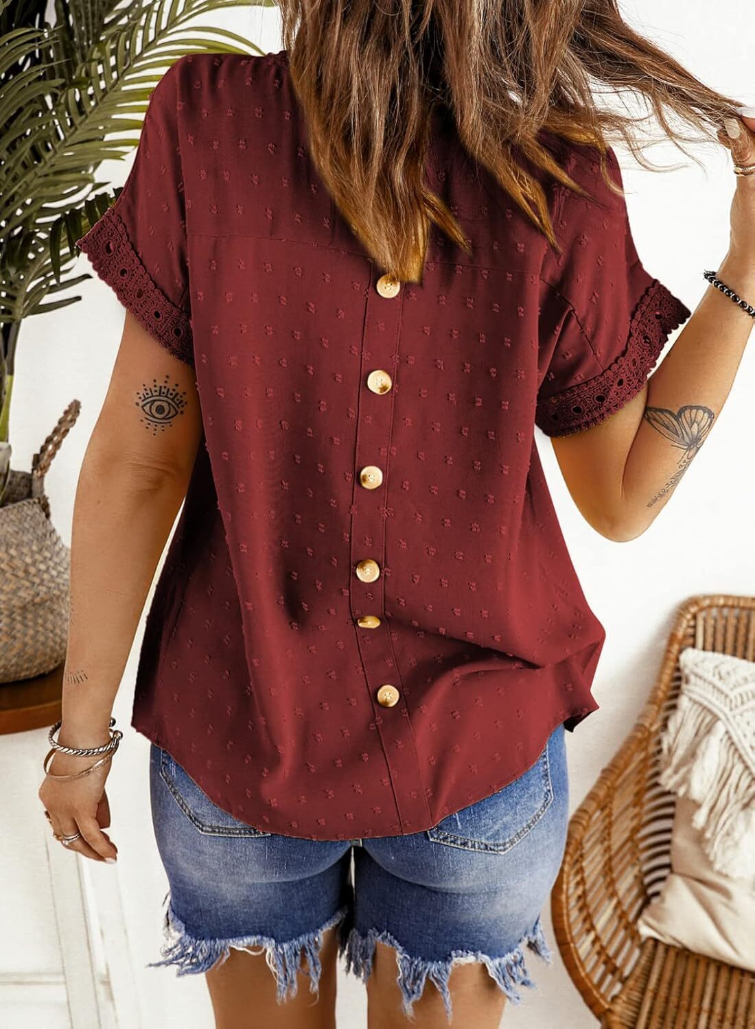 Dokotoo Womens Summer Tops Crewneck Lace Crochet Short Sleeve Shirts Casual Chiffon Blouses