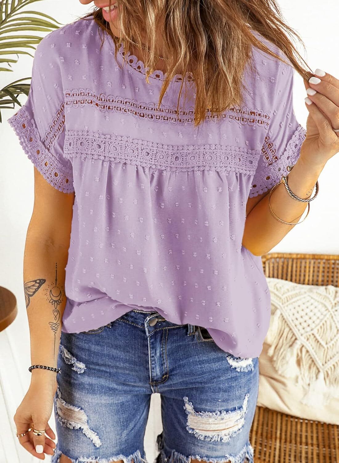 Dokotoo Womens Summer Tops Crewneck Lace Crochet Short Sleeve Shirts Casual Chiffon Blouses