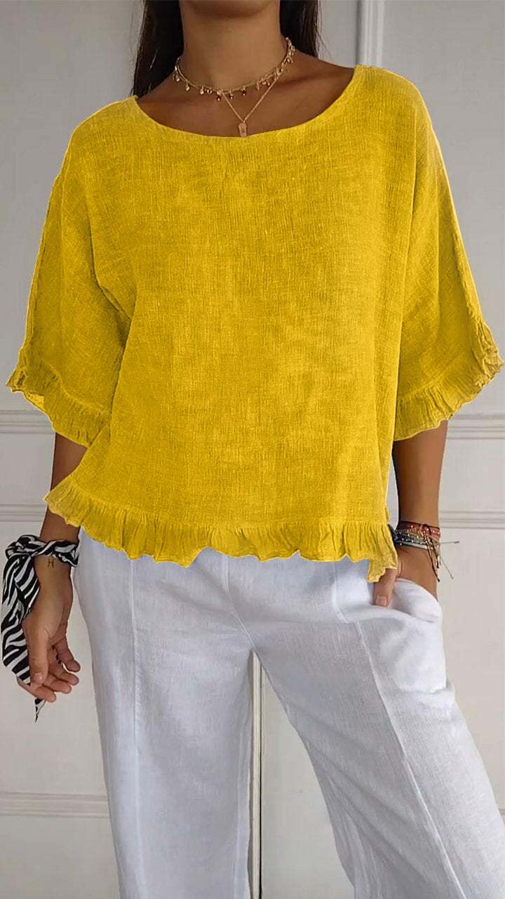 New women's Round Neck Ruffled Hem Mid-sleeve Cotton and Linen Tops
