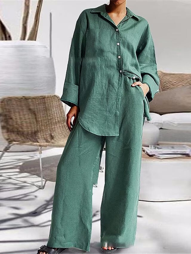 2025 New Everyday Casual Linen Button Two-Piece Set(Shirt + Pants)